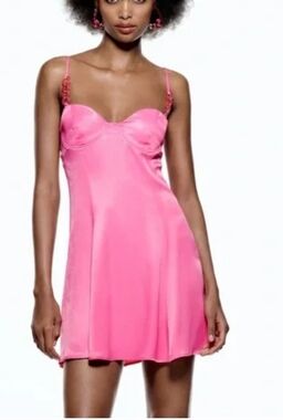 Zara Hot Pink Satiny Slip Dress with Corset Detail size XS new with tags